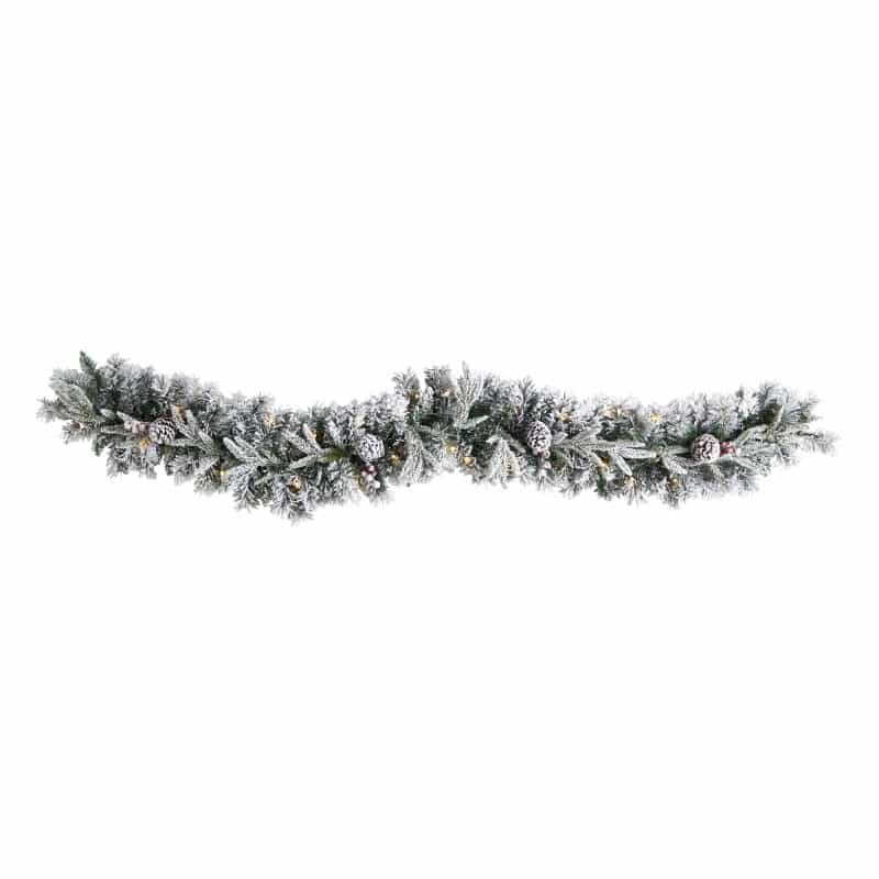 6’ Flocked Artificial Christmas Garland With Pine Cones And 35 Warm White Led Lights