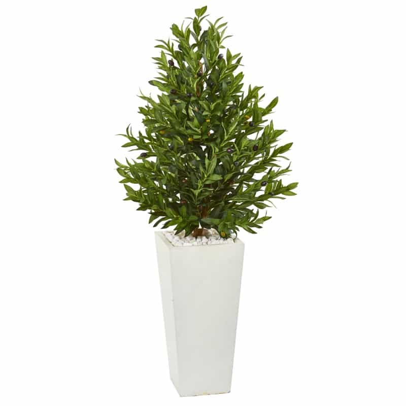 4’ Olive Cone Topiary Artificial Tree In White Planter Uv Resistant (Indoor/Outdoor)