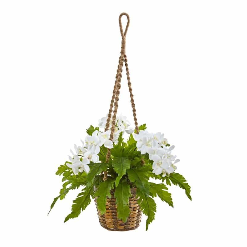 29” Phalaenopsis Orchid And Fern Artificial Plant In Hanging Basket