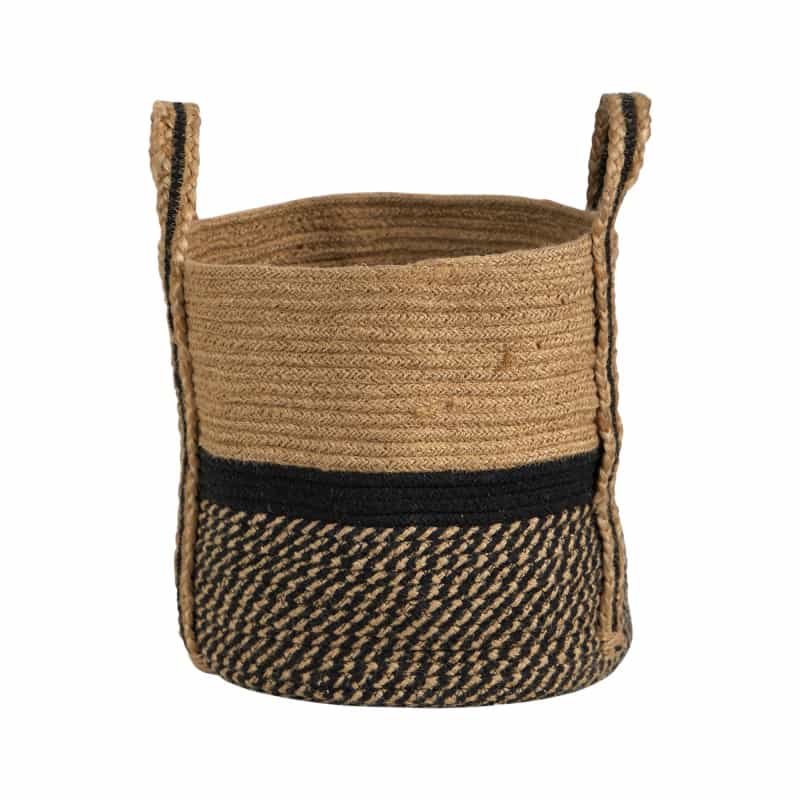 13" Boho Chic Basket Natural Jute Basket Planter, Black Bottom Natural Top With Handles