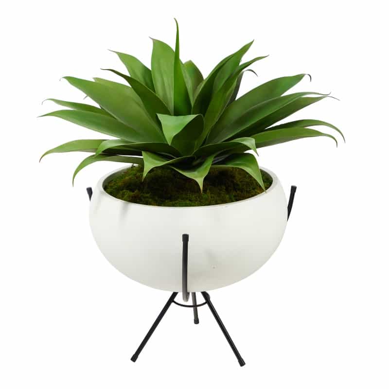30” Agave Succulent Artificial Plant In White Planter With Metal Stand