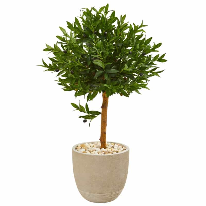 40” Olive Topiary Artificial Tree In Sand Stone Planter Uv Resistant (Indoor/Outdoor)