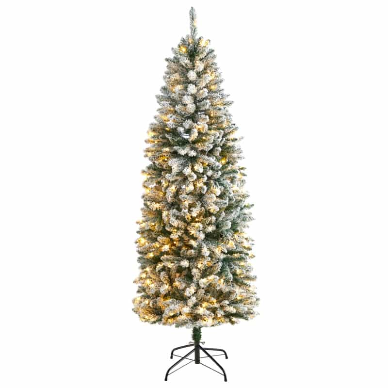 6’ Slim Flocked Montreal Fir Artificial Christmas Tree With 250 White Led Lights And 743 Branches