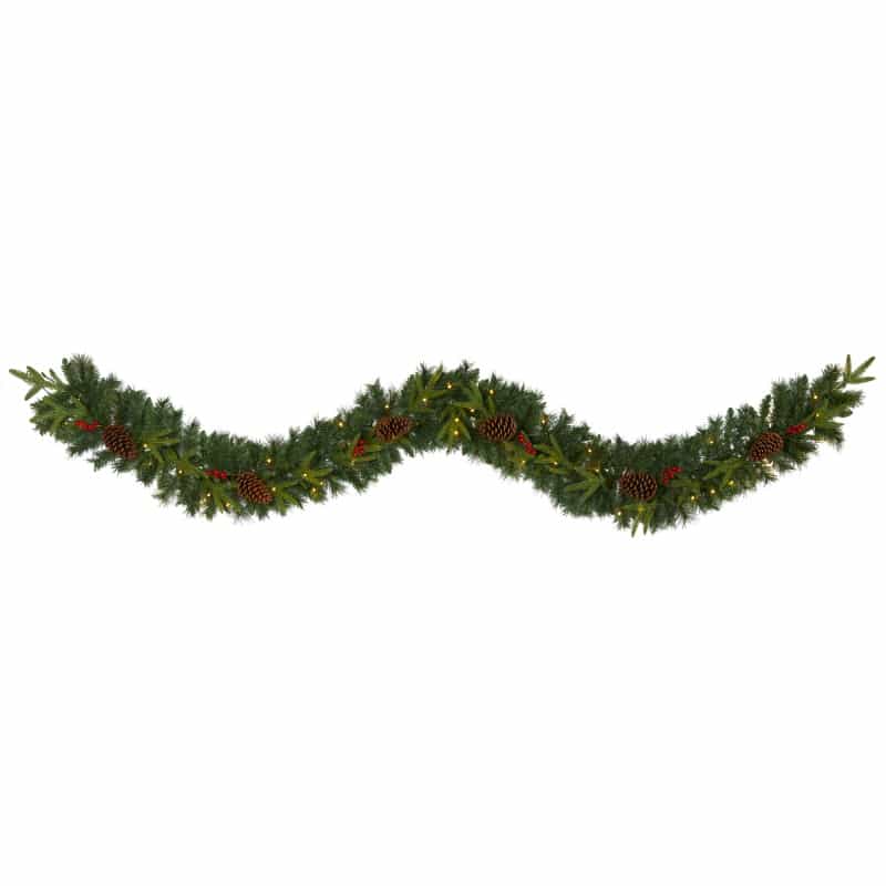 9’ Mixed Pine Artificial Christmas Garland With 50 Clear Led Lights, Berries And Pinecones