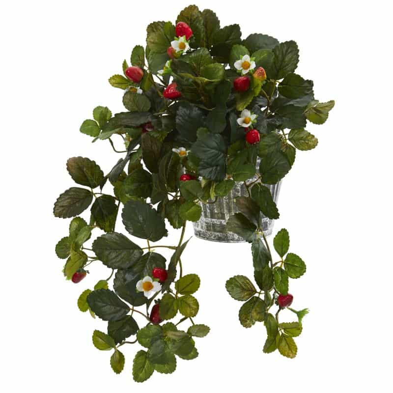 13” Strawberry Artificial Plant In Vintage Hanging Metal Planter