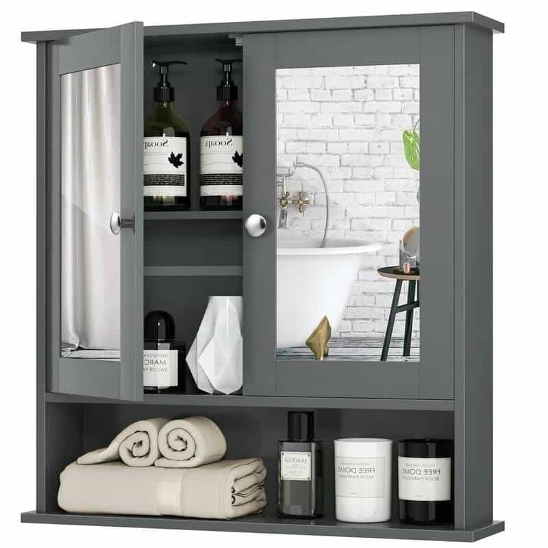 Grey Wood Bathroom Wall / Medicine Cabinet With Mirrored Doors And Shelf