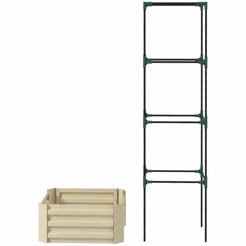 Beige Galvanized Open Bottom Raised Garden Bed Planter With Tomato Cage Trellis