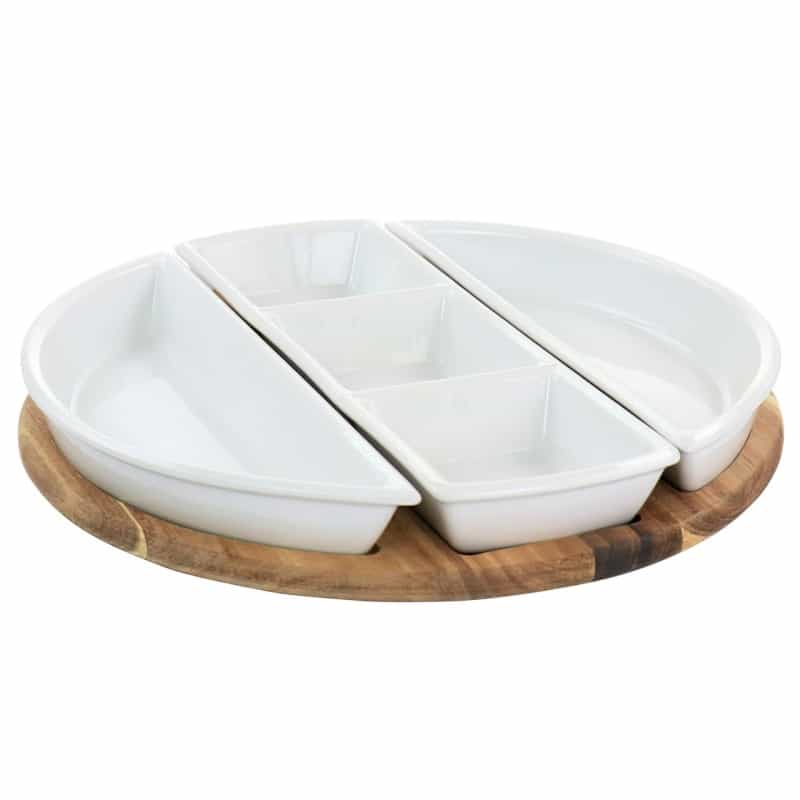 Gibson Elite Gracious Dining 4 Piece Fine Ceramic Sectional Tray Set With Acacia Wood Base