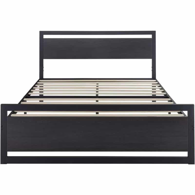 Full Black Metal Platform Bed Frame With Wood Panel Headboard And Footboard