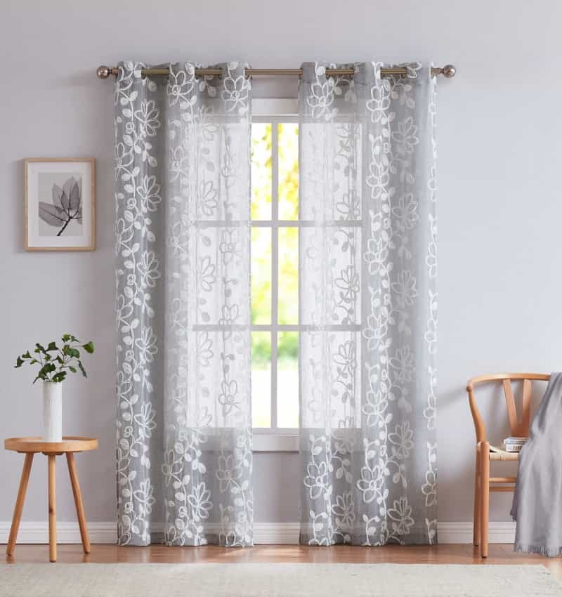 Set Of Two 96" Silver Floral Embroidered Window Panels