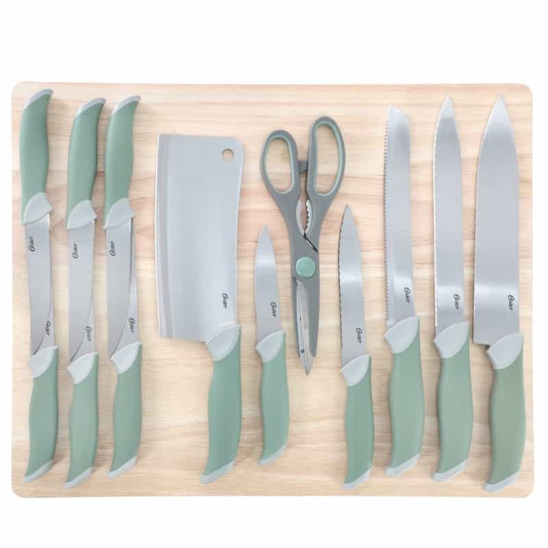 Oster Linbergh 14 Piece Stainless Steel Cutlery And Cutting Board Set In Green With Soft-Grip Handl