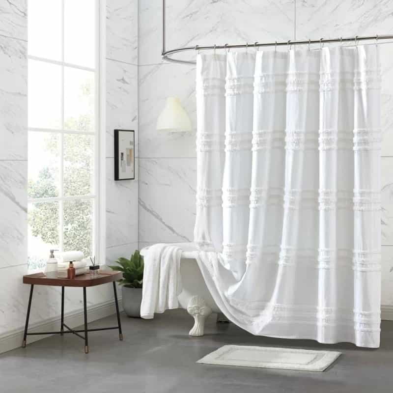 72-Inch White Cotton Chenille Stripe Shower Curtain - Machine Washable