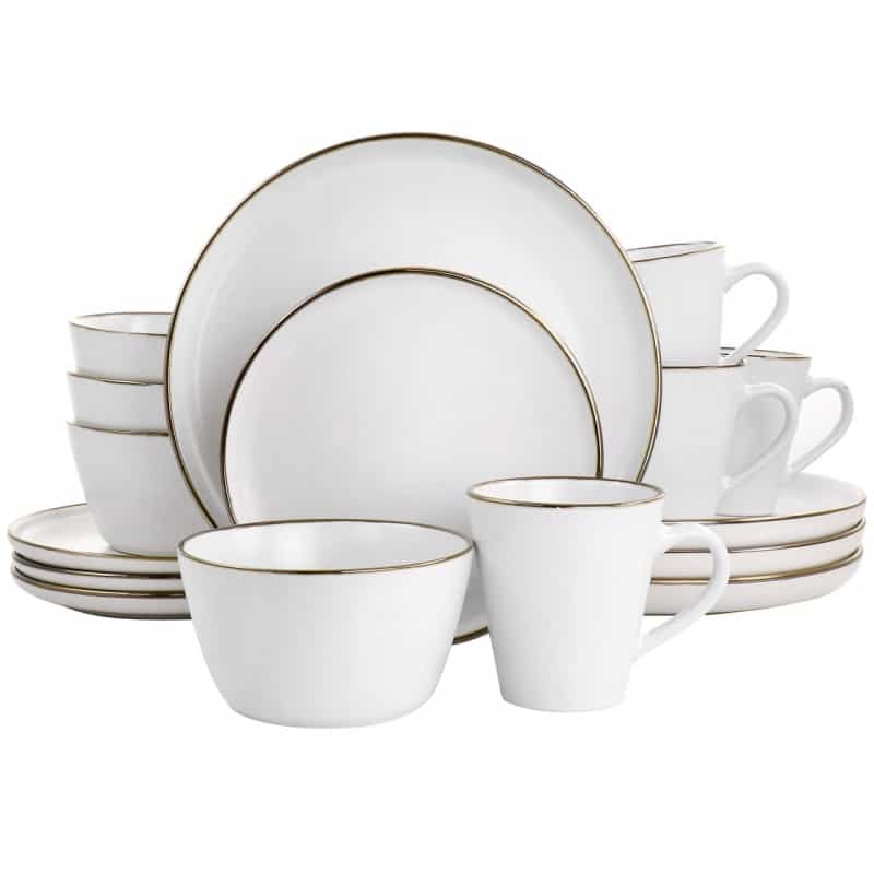 Elama Arthur 16 Piece Stoneware Dinnerware Set In Matte White With Gold Rim