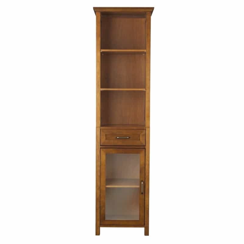 Oak Finish Bathroom Linen Tower Storage Cabinet With Shelves