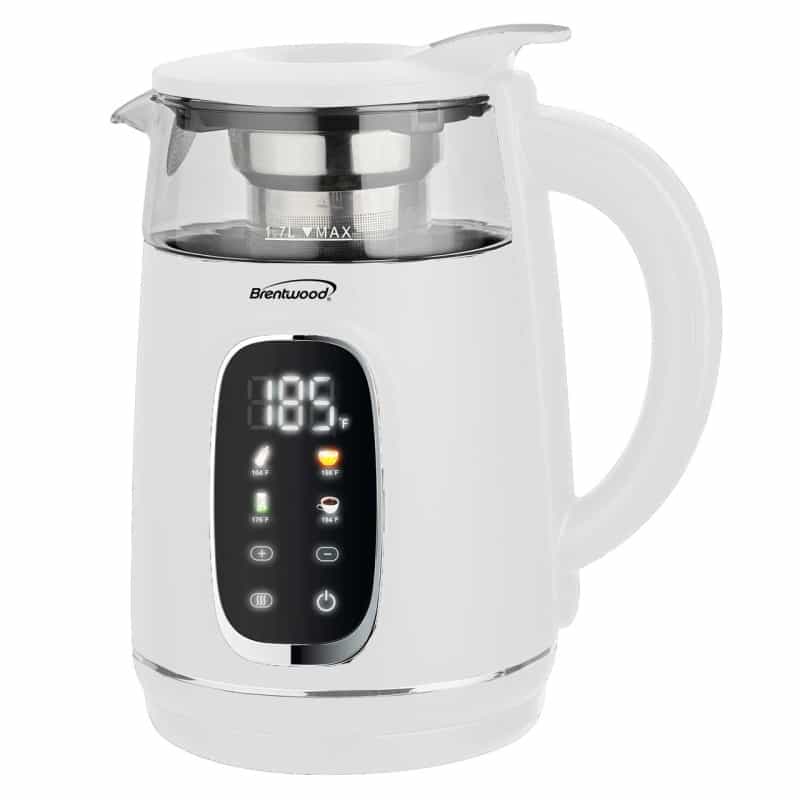 Brentwood 1.7L 1100W Bpa Free 360 Cordless Digital Glass Electric Kettle In White With Tea Infuser