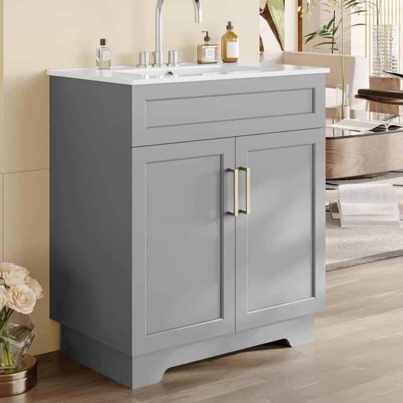 Modern 30-Inch Gray Wood Finish Bathroom Vanity With White Ceramic Sink