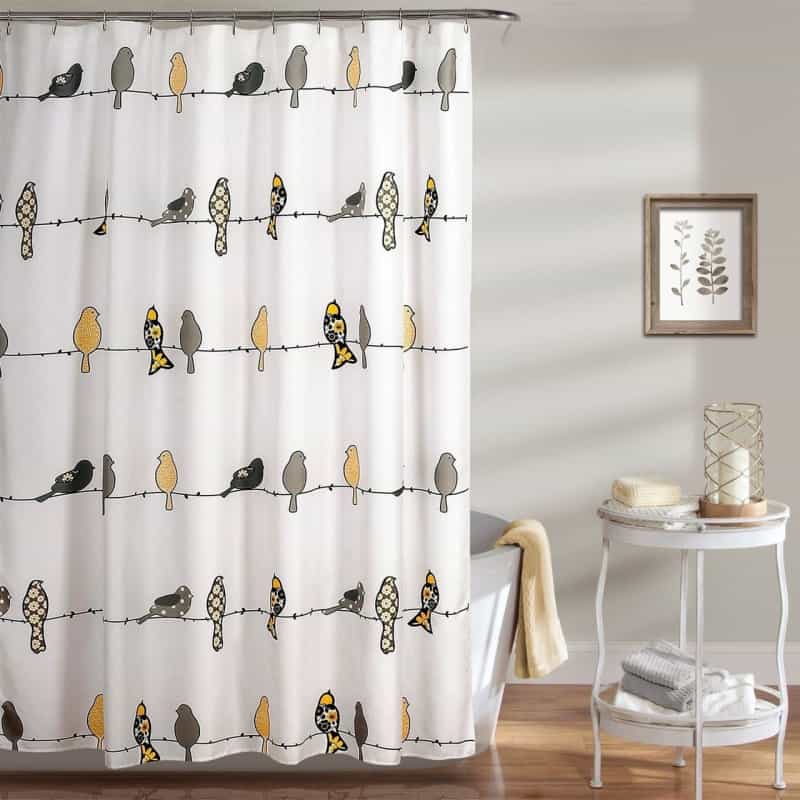 72 X 72 Inch Yellow Grey Birds Floral Polyester Machine-Washable Shower Curtain