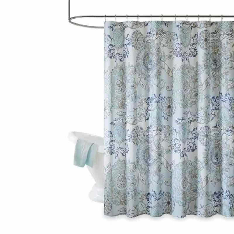 72-Inch Cotton Shower Curtain With Blue Watercolor Paisley Floral Motif