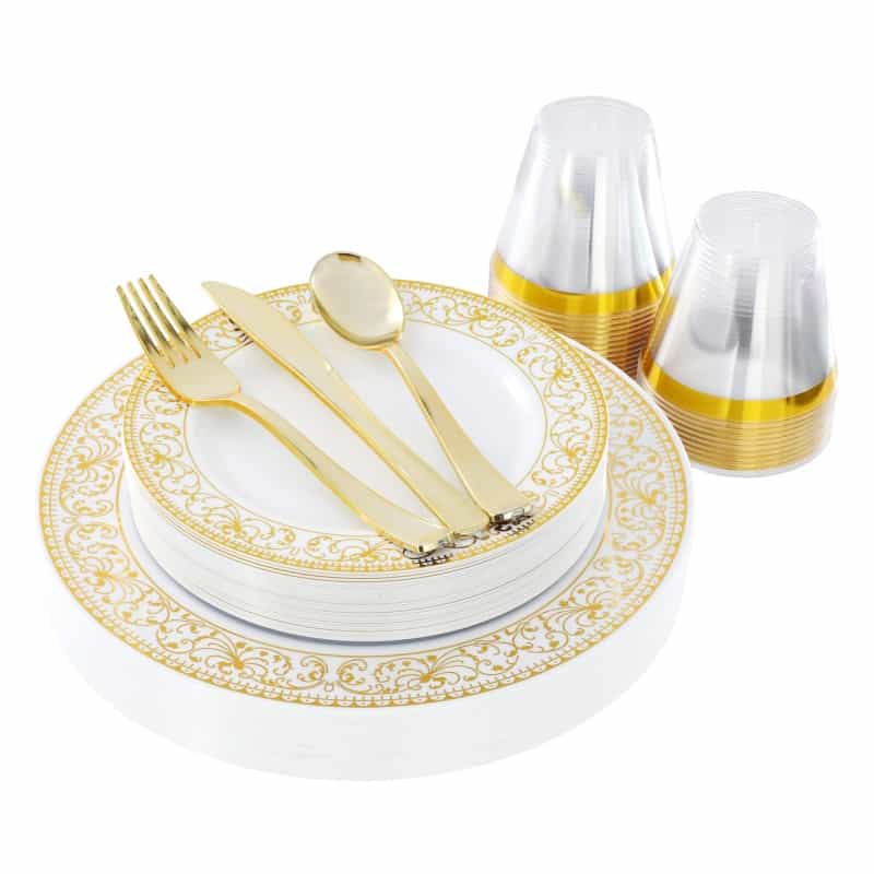 Elama 150 Piece Disposable Plastic Dinnerware Party Set For 25 Guests In White With Gold Decal Trim