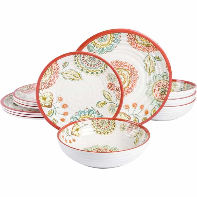 Laurie Gates Brick Floral Ripple 12 Piece Melamine Dinnerware Set In Red