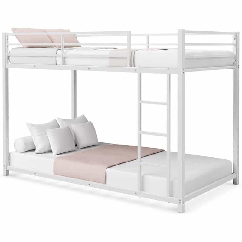 Twin Over Twin Low Profile Modern Bunk Bed Frame In White Metal Finish