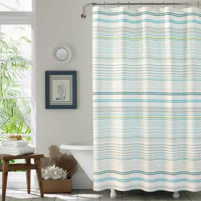 72-Inch Sea Breeze Blue Green White Cabana Stripe Cotton Shower Curtain