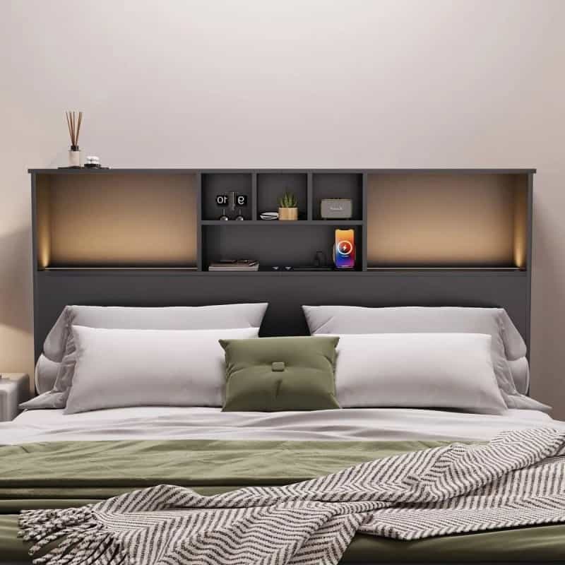 Queen Size Bookcase Headboard In Black Wood Finish With Led Lights