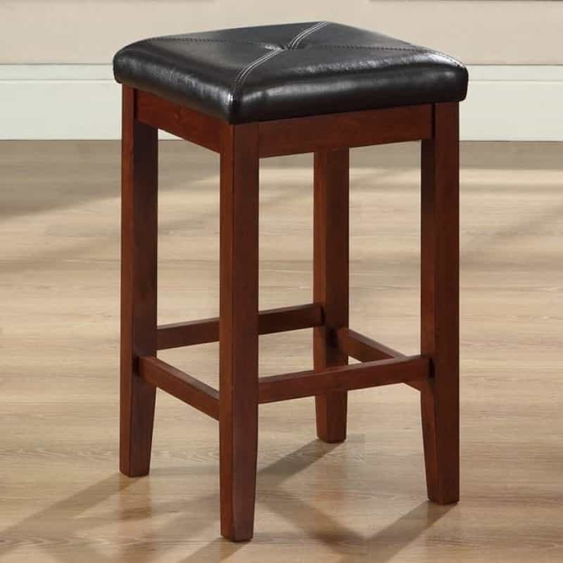 Set Of 2 - Vintage Mahogany Bar Stools With Faux Leather Cushion Seat