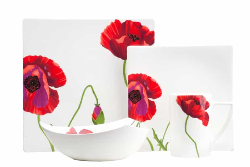 Red And White Six Piece Square Floral Bone China Service For Six Dinner Plate Set
