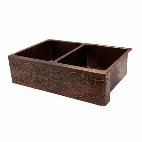 Premier Copper 33 Inch Scroll Apron 50/50 Double Bowl Kitchen Sink