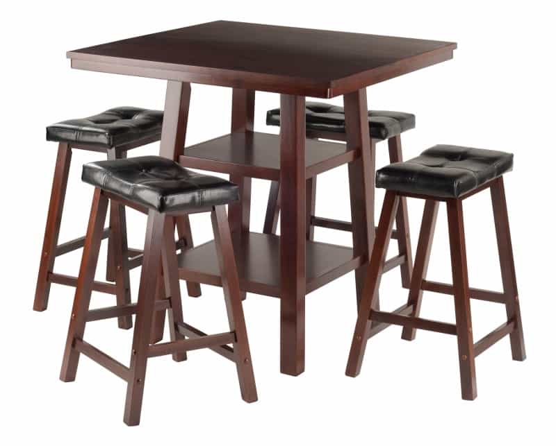 Orlando High Table with 4 Saddle-Seat Cushion Stools, 36" High, 34" Wide, Walnut and Black