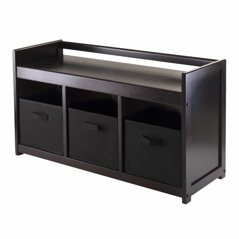 Addison 4-Pc Storage Bench with 3 Foldable Fabric Baskets, Espresso and Black