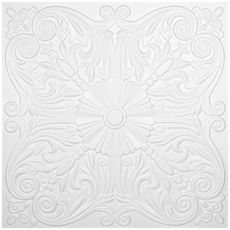A10904p12 -Decorative Ceiling Tile 2X2 Glue Up, Lay In Ceiling Tile 24X24 Pack Of 12Pcs Spanish Floral In Matt White