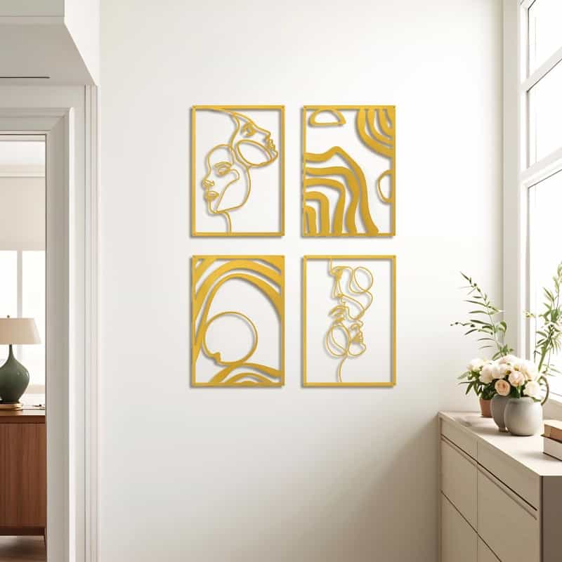 A22001gd04-Art3d Metal Wall Art, Set Of 4 Gold Wall Decor For Living Room Bedroom Hallway Dining Room, Line Art Wall Decorate, Life And Romance Story Theme Minimalist Wall Art Style