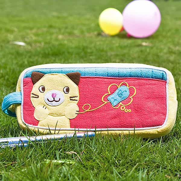 Embroidered Applique Pencil Pouch Bag / Cosmetic Bag - Kitty & Fish