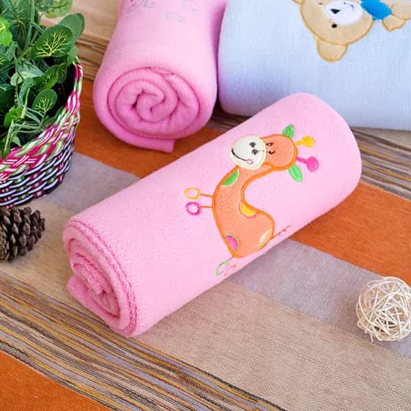 Embroidered Applique Coral Fleece Baby Throw Blanket - Orange Giraffe - Pink