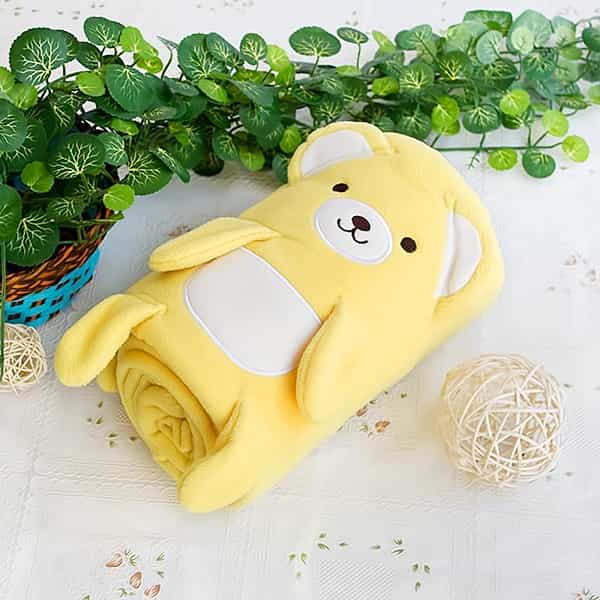 Embroidered Applique Coral Fleece Baby Throw Blanket - Happy Bear - Yellow