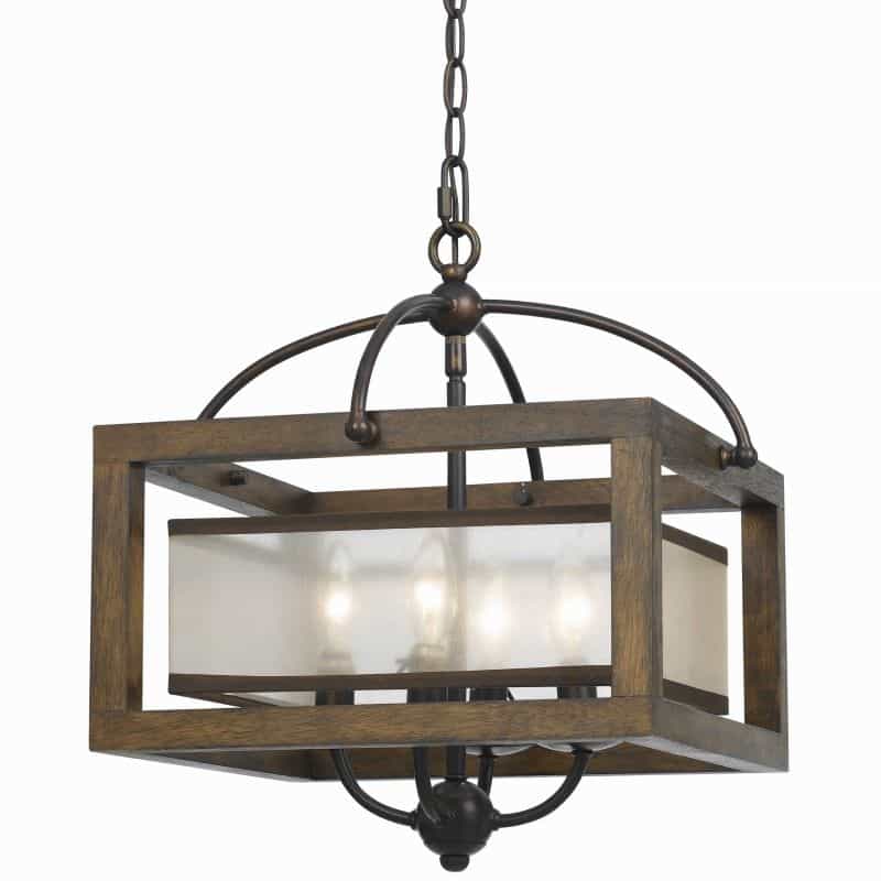 4 Bulb Semi Flush Pendant With Wooden Frame And Organza Striped Shade,Brown