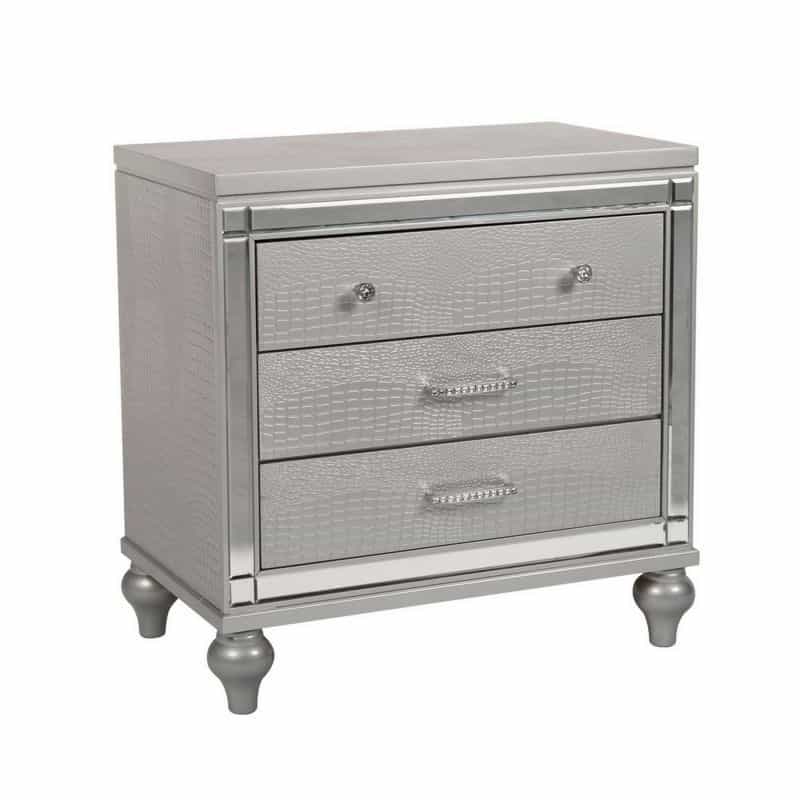 3 Drawer Wooden Nightstand With Mirror Accents And Faux Crystal Pulls, Gray