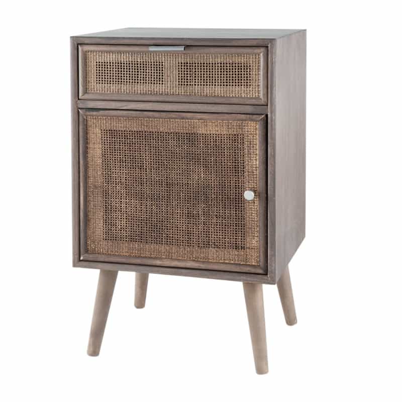 Pia 28 Inch Accent Cabinet, 1 Drawer, Pine Wood, Woven Rattan Door, Brown