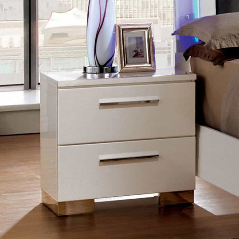 2 Drawer Wooden Nightstand With Metal Pulls, Glossy White