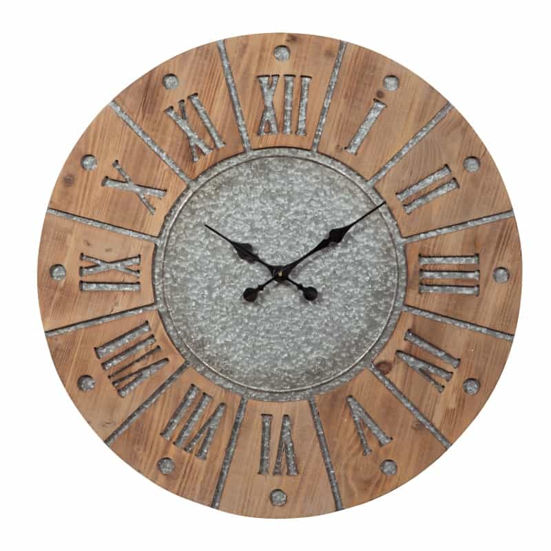 Round Wooden Frame Wall Clock With Metal Accents, Brown And Gray