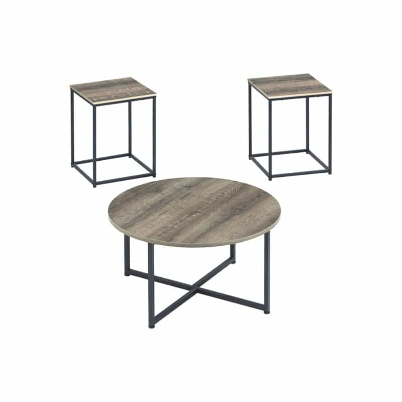 Wooden Table Set With Sturdy Metal Base, Set Of Three, Gray And Brown