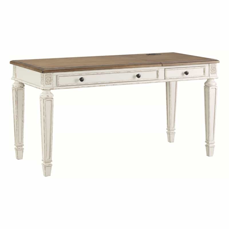 Wooden Lift Top Desk With Textured Finish And Drawers, Brown And White