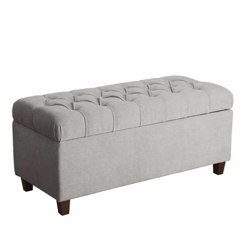 Fabric Upholstered Button Tufted Wooden Bench With Hinged Storage, Gray And Brown