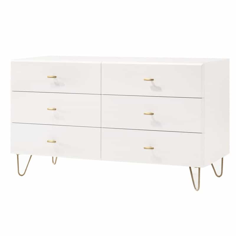 6 Drawer Wooden Dresser With Metal Hairpin Legs, White And Gold