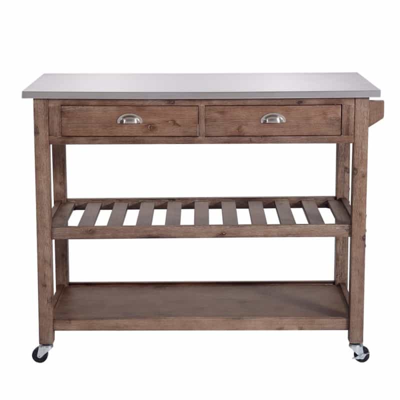 2 Drawers Wooden Kitchen Cart With Metal Top And Casters, Gray And Brown