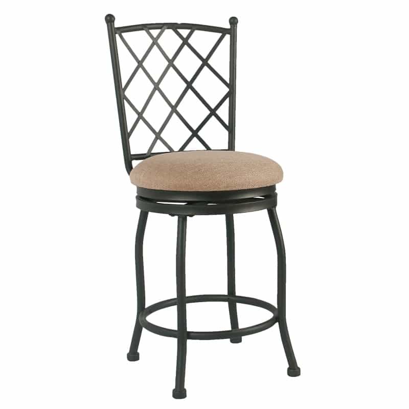 Metal Framed Counter Stool With Fabric Upholstered Seat And Designer Back, Beige And Black