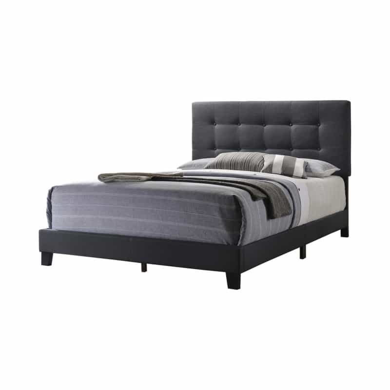 Queen Size Bed With Square Button Tufted Headboard, Dark Gray