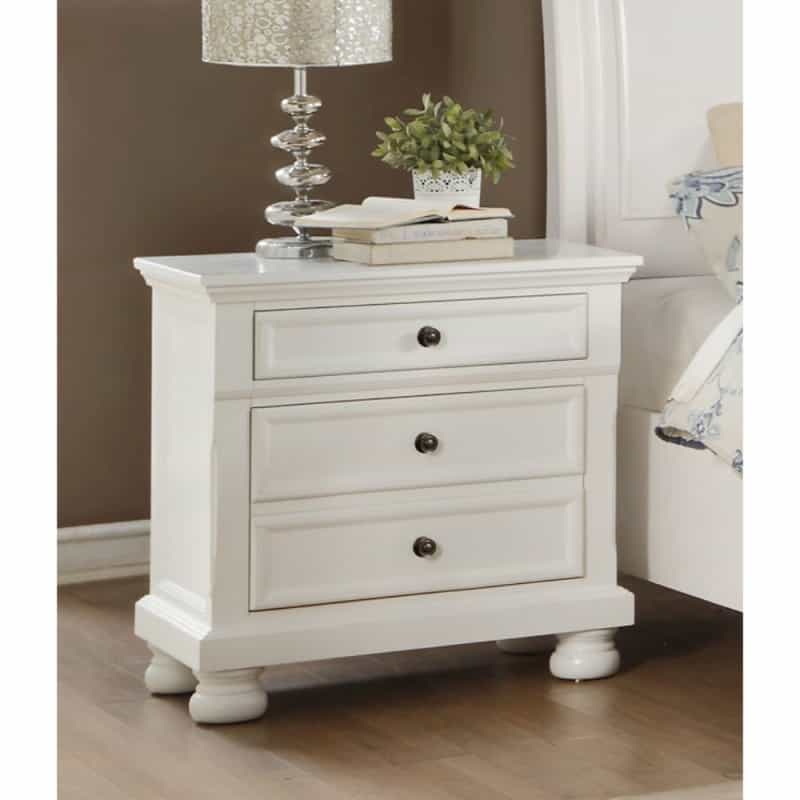 Transitional Style Two Drawer Wooden Night Stand With Round Bun Legs, White